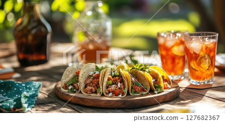 Enjoy Delicious Tacos and Drinks for Summer Outdoor Meal, Fresh Meal 127682367