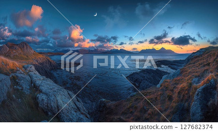 Sea Sunset Twilight Serenity And Coastal Landscape's Beauty With Rock Formations 127682374