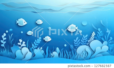 Paper Fish Swim in the Blue Sea with Seaweed, an Ocean Theme 127682387