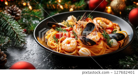 Enjoy Delicious Seafood pasta with a Holiday theme and Festive Decoration Enjoy Delicious Seafood pasta with a Holiday theme and Festive Decoration 127682401