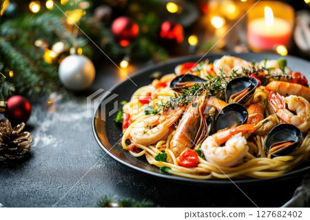 Enjoy Delicious Seafood Pasta At Festive Atmosphere And Culinary Theme 127682402