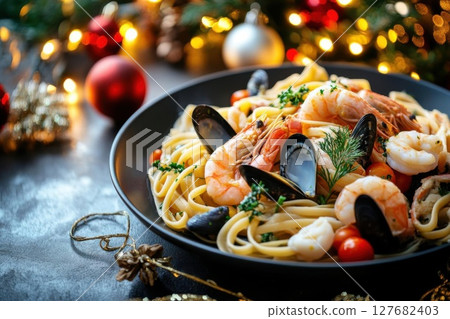 Enjoy Seafood pasta with mussels and shrimps on plate with festive backdrop Enjoy Seafood pasta with mussels and shrimps on plate with festive backdrop 127682403