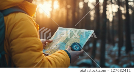 Find direction in nature, reading map with compass in forest and sunlight Find direction in nature, reading map with compass in forest and sunlight 127682411