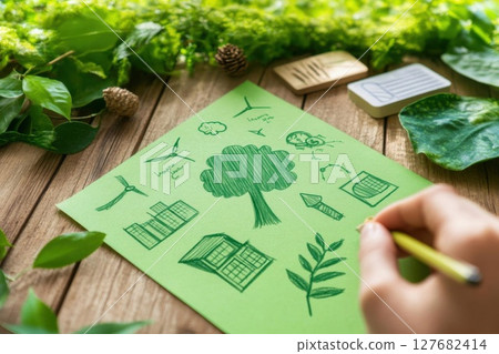 Drawing Sustainability Concepts on Green Paper with Renewable Energy Sketches Drawing Sustainability Concepts on Green Paper with Renewable Energy Sketches 127682414