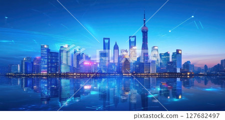 City skyline reflects In blue waters during Night, with city glow Concept 127682497