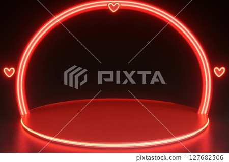Red Lighted Stage Displaying Romantic Design with Heart Accent Theme. Red Lighted Stage Displaying Romantic Design with Heart Accent Theme. 127682506