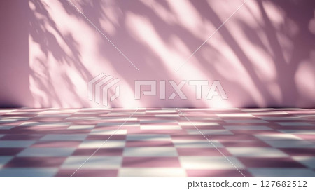 Pink Aesthetic Wall Shadows with Vintage Tile Floor and Clean Backdrop Pink Aesthetic Wall Shadows with Vintage Tile Floor and Clean Backdrop 127682512