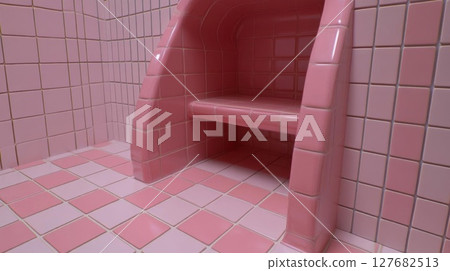 Pink tiled structure offers a minimal interior space with a cozy theme 127682513