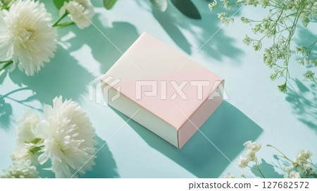 Present Box Still Life, Flat Lay with White Flowers, Minimalist Style Design 127682572