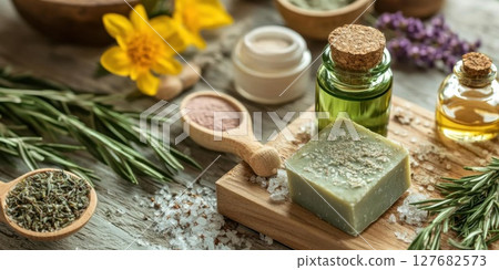 Create Your Natural Spa Day, Handmade Soaps, Essential Oils And Dried Herbs 127682573