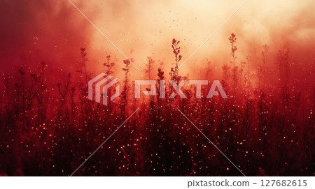 field glows with vibrant crimson under a fiery sky at twilight glow 127682615