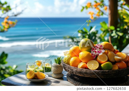 Enjoy Citrus Fruits and Drink at Ocean View and Tropical Vacation Theme Enjoy Citrus Fruits and Drink at Ocean View and Tropical Vacation Theme 127682638