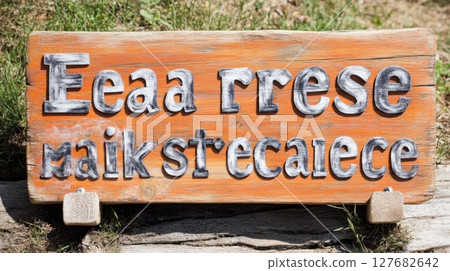 View rustic wooden sign with raised letters and distressed paint finish 127682642