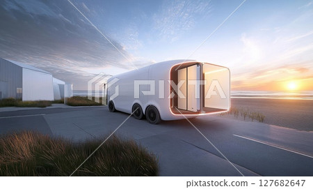Modern Transportation at Sunset with Futuristic Design and Coastal Scene 127682647