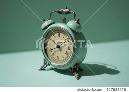 Antique Clock Ticking Time Away on Green Background, Time Concept Antique Clock Ticking Time Away on Green Background, Time Concept 127682656
