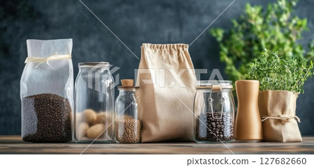 Zero Waste concept with Food storage, using glass jars and plant 127682660