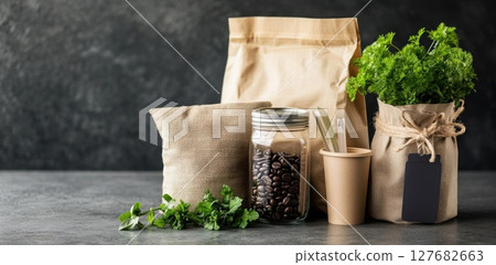 Arrange Coffee Beans in Jar with Greenery and Eco Friendly Packaging Concept Arrange Coffee Beans in Jar with Greenery and Eco Friendly Packaging Concept 127682663