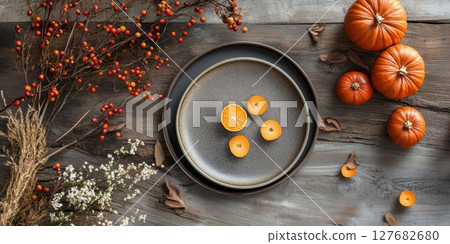 Celebrate Autumn, Arrange orange slices and pumpkins for seasonal kitchen decor concept Celebrate Autumn, Arrange orange slices and pumpkins for seasonal kitchen decor concept 127682680
