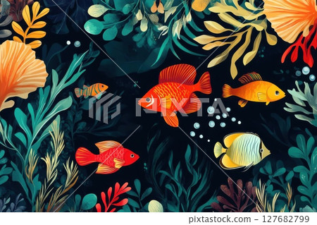 Observe fish swim in aquatic plants, Colorful Underwater Habitat Concept. 127682799