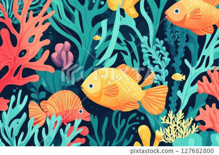 goldfish Swim With Colorful Coral In Undersea, add Cartoon Fish Theme goldfish Swim With Colorful Coral In Undersea, add Cartoon Fish Theme 127682800