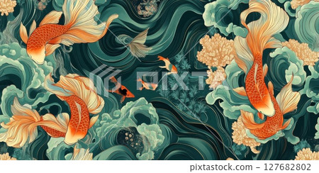 Graceful Goldfish Swim Among Aquatic Plants and Flowing Water, Art Style 127682802