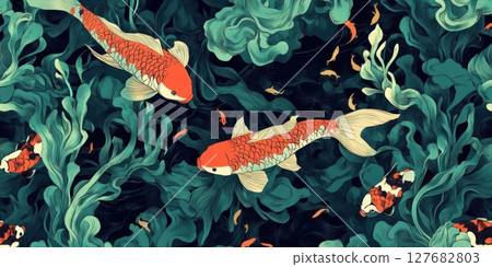 Red Koi Fish Swim Through Underwater Garden in Natural Theme 127682803
