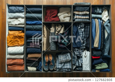 organized clothes in Wooden Shelves show Variety and Wardrobe Simplicity 127682808