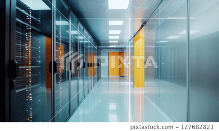 Explore Data Center With Servers And Orange Doors, Security Concept Explore Data Center With Servers And Orange Doors, Security Concept 127682821