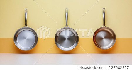Three Fry Pans Hanging On Colorful Background with Kitchenware Theme 127682827