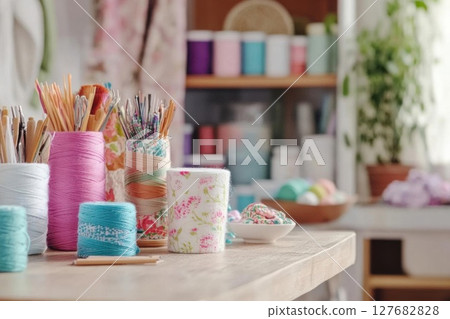 Craft Supplies on table, organize tools and embellishments for your project 127682828