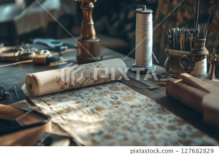 Discover Vintage Textile Fabric Design on Wooden Table with Rustic Aesthetic 127682829