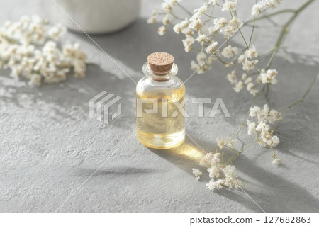 Bottle of Essence Oil And Flower Branch for Aroma Therapy Concept Bottle of Essence Oil And Flower Branch for Aroma Therapy Concept 127682863