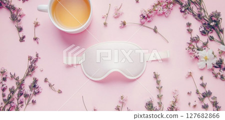 Enjoy Relaxing Time With A Cup Of Tea, With Lavender And Sleep Mask Enjoy Relaxing Time With A Cup Of Tea, With Lavender And Sleep Mask 127682866
