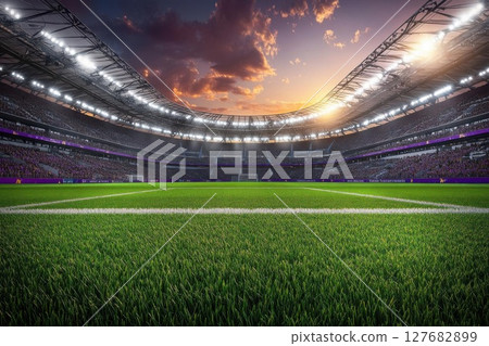 Experience Grandeur in Stadium With Sunset, Spectators Cheer for Victory at Sports field. 127682899