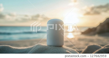 container Relaxing on Sand with a Sunny Beach View, Serene Escape 127682959