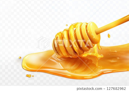 Honey Drip with Wooden Dipper Creating Sweetness And Natural Sweetener Concept. Honey Drip with Wooden Dipper Creating Sweetness And Natural Sweetener Concept. 127682962