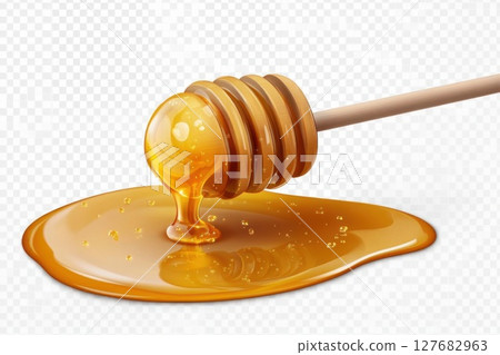 Honey drips from dipper with natural sweetness and organic liquid gold. Honey drips from dipper with natural sweetness and organic liquid gold. 127682963