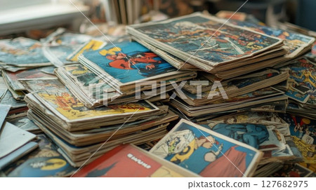 stacks of Vintage Comic Books Collection Displayed on Table and Comic Art Theme 127682975