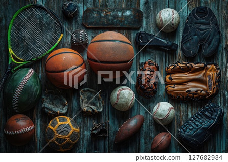 Various Balls and Gloves Sports Equipment Arranged on Rustic Wood, Retro Theme. Various Balls and Gloves Sports Equipment Arranged on Rustic Wood, Retro Theme. 127682984
