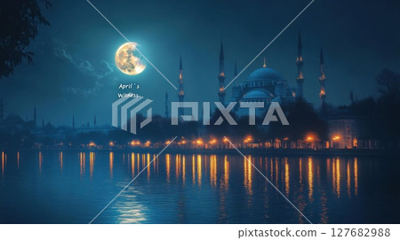 observe structure reflecting in water at twilight, city night scene landscape. 127682988