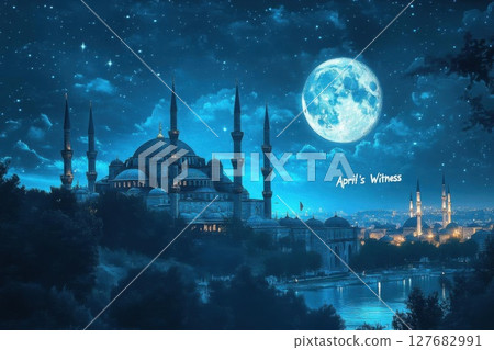 Admire Night Skyline Under Moonlight, with Islamic architecture and twinkling Stars 127682991