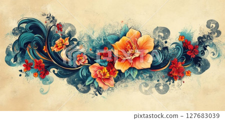 Flowers and Waves Blend to Create an Artistic Display with Decorative Theme Flowers and Waves Blend to Create an Artistic Display with Decorative Theme 127683039