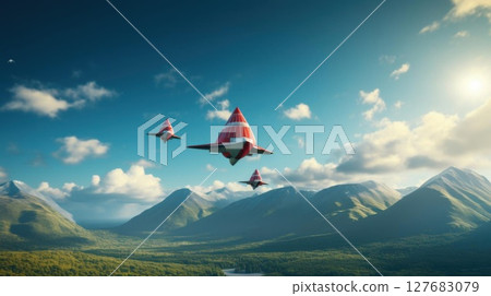 Strange Flying Objects over Verdant hills, a Futuristic vision and blue sky. 127683079