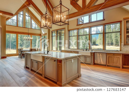 rustic kitchen with mountain views brings nature inside and rustic charm. rustic kitchen with mountain views brings nature inside and rustic charm. 127683147
