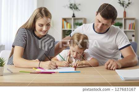 Family home education, happy preschooler quarantine homeschooling parents and daughter Family home education, happy preschooler quarantine homeschooling parents and daughter 127683167