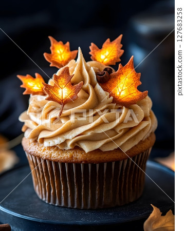 An_autumn_cupcake_with_glowing_sugar_leaves 127683258