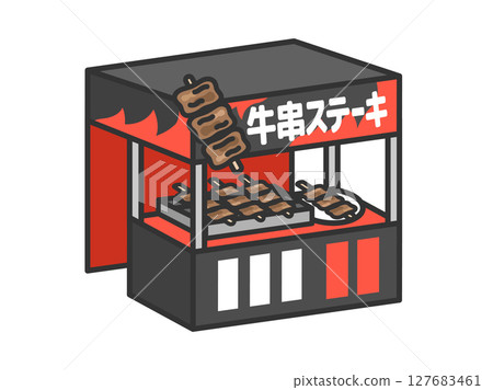Illustration of a festival stall with beef skewers and steak (line drawing color) Illustration of a festival stall with beef skewers and steak (line drawing color) 127683461