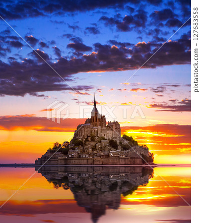 Mont Saint-Michel view in the sunrise light. Normandy, northern France 127683558