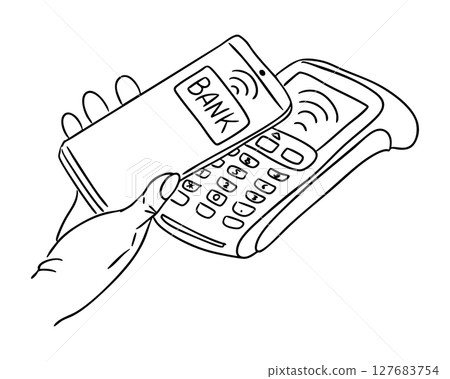 Hand holding a smartphone with a banking app near a wireless payment terminal. Depicts mobile banking, digital wallet, and fast contactless transaction Hand holding a smartphone with a banking app near a wireless payment terminal. Depicts mobile banking, digital wallet, and fast contactless transaction 127683754