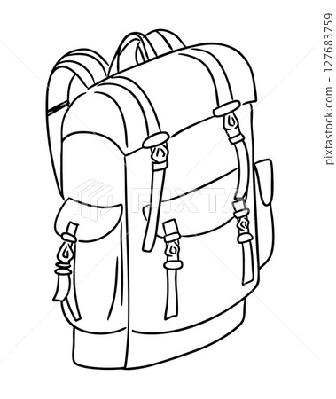 Backpack with buckles and pockets drawn in a simple line style. Represents adventure, travel gear, and outdoor exploration 127683759